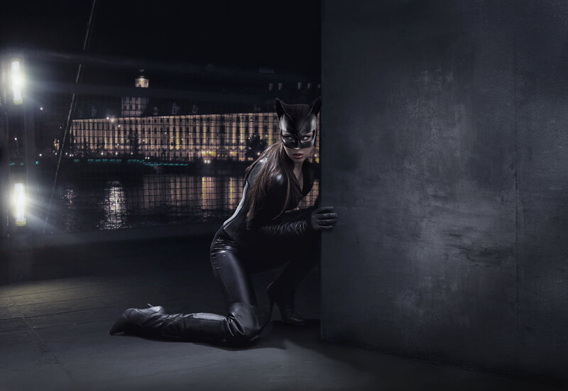 Woman in Cat Costume — Black, Dramatic, Night, Photograph, Mask