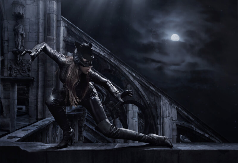 Woman in Cat Costume — Black, Dramatic, Night, Photograph, Moon, Building