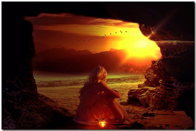 Woman in Cave at Sunset