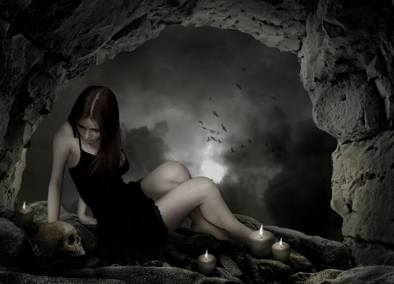 Woman in Cave with Candles — Black