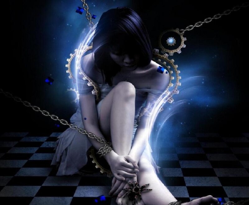 woman in chains with glowing gears