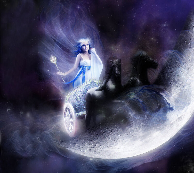 Woman in Chariot on Moon