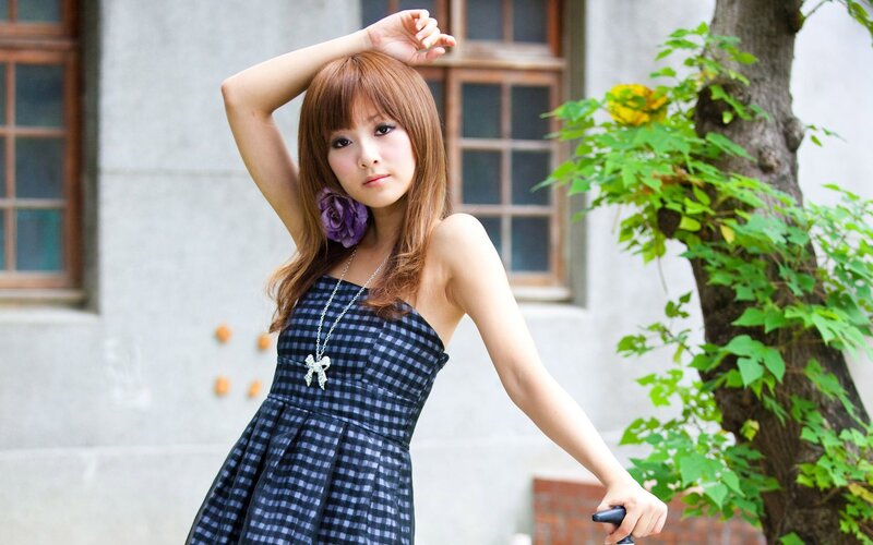 Woman in Checkered Dress — Blue, Calm, Afternoon