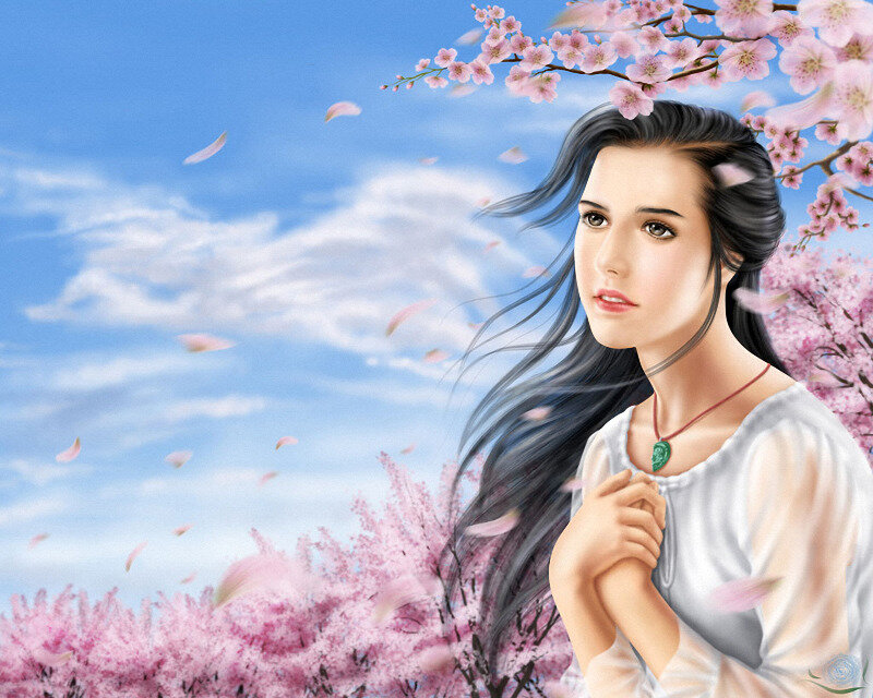 Woman in Cherry Blossom Field