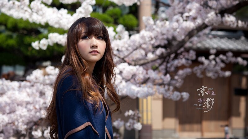 woman in cherry blossom garden