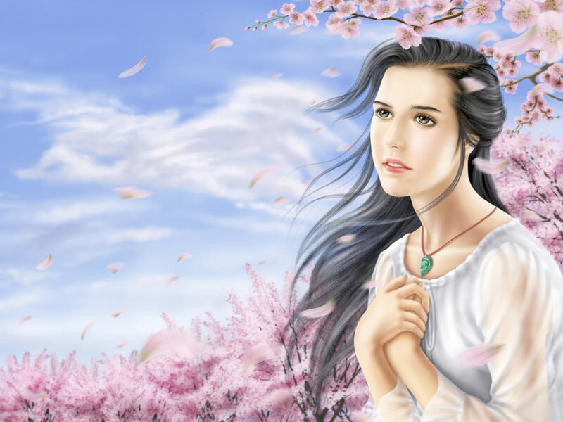 Woman in Cherry Blossoms — Pink, Serene, Spring, Digital Art