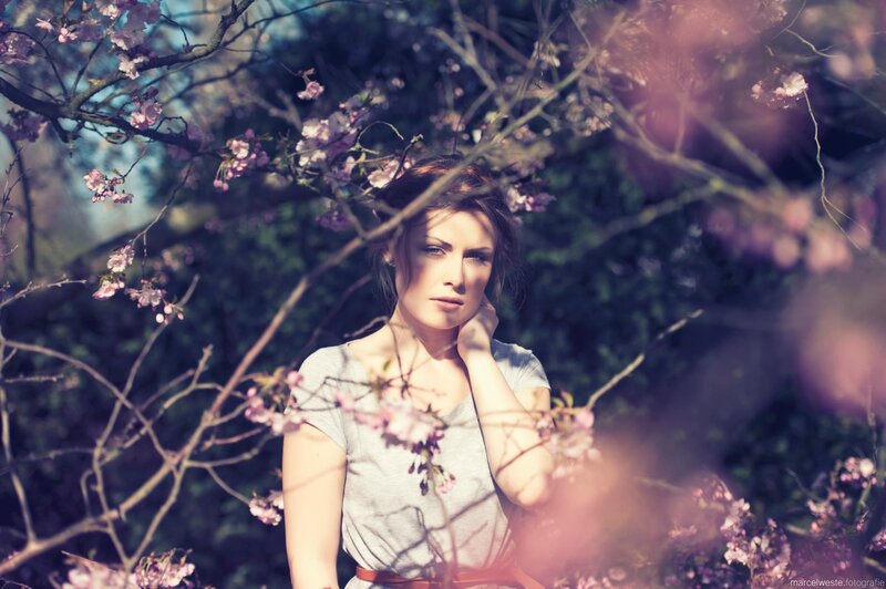 Woman in Cherry Blossoms — Pink, Serene, Spring, Photograph, Cherry Blossoms, Branches