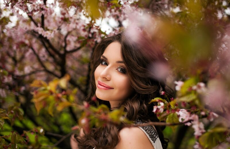 Woman in Cherry Blossoms — Pink, Serene, Spring, Photograph, Cherry Blossoms