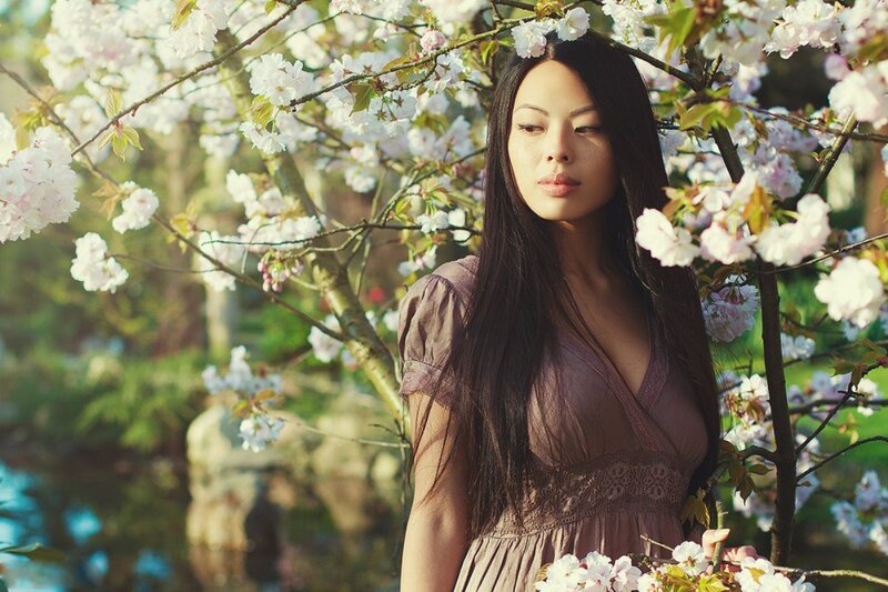 Woman in Cherry Blossoms — Pink, Serene, Spring, Photograph