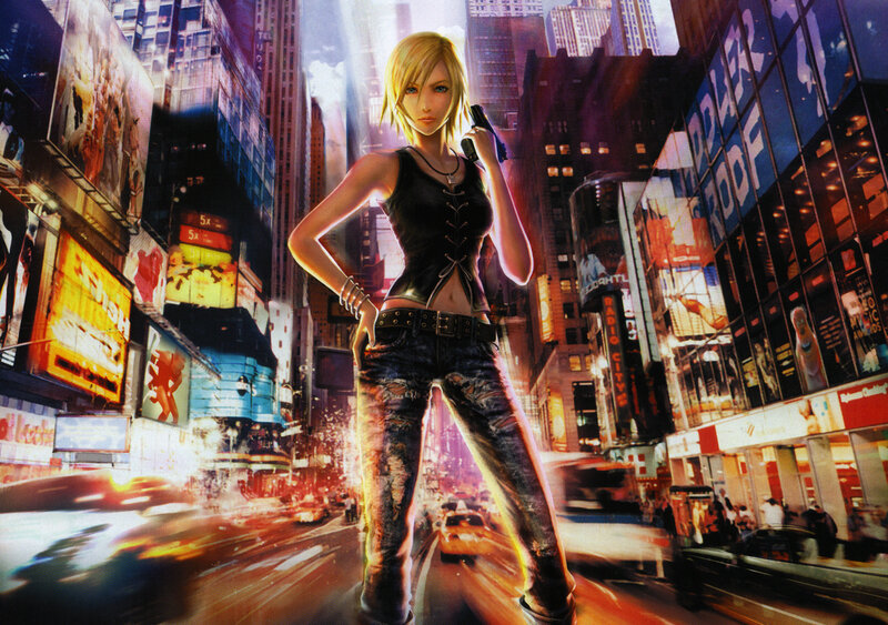 Woman in city with gun