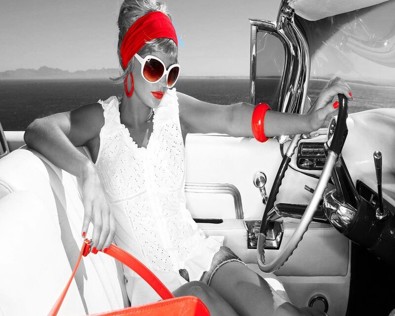 woman in classic car