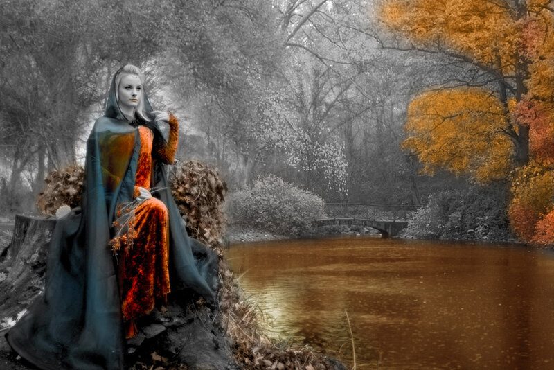 Woman in Cloak by River