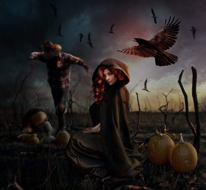 Woman in Cloak with Pumpkins