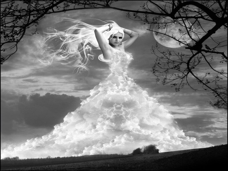 woman in cloud dress under moon