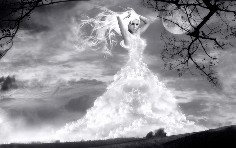 woman in cloud dress under moon