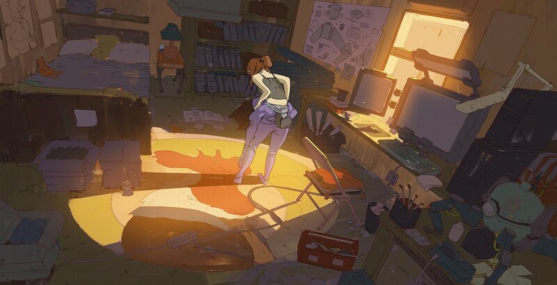 Woman in Cluttered Room — Yellow