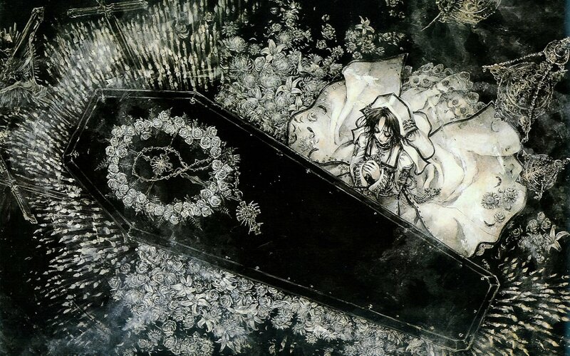 woman in coffin surrounded by flowers