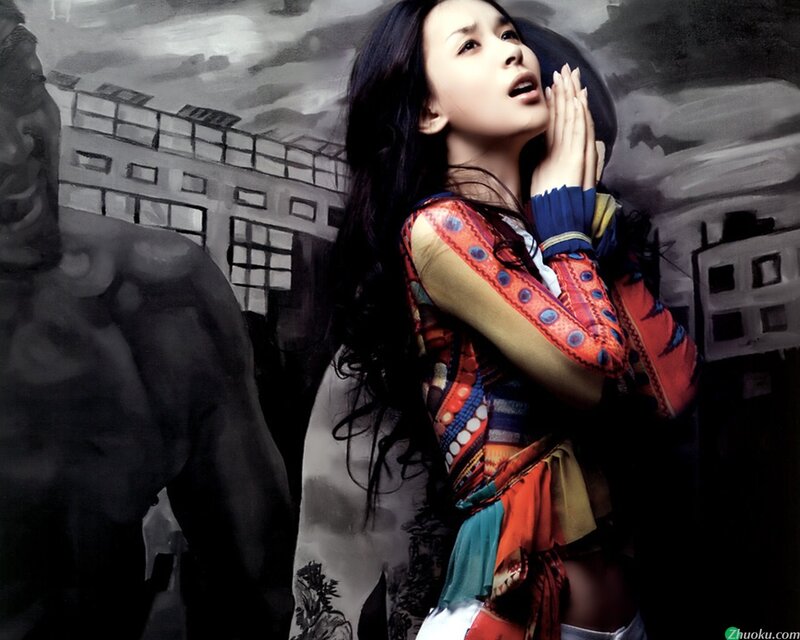 woman in colorful dress against city backdrop