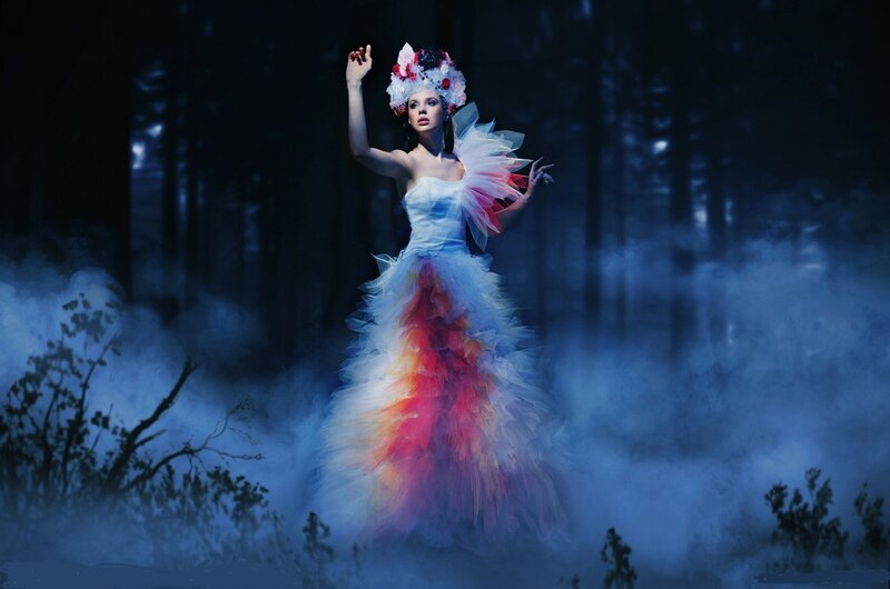 Woman in Colorful Dress — Blue, Dramatic, Night, Photograph