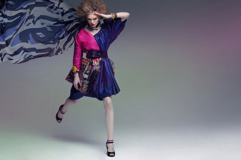 Woman in Colorful Dress — Blue, Dramatic, Photograph, Scarf