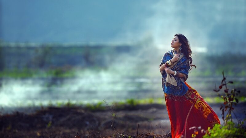 Woman in Colorful Dress — Blue, Serene, Morning