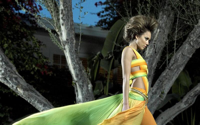 Woman in Colorful Dress — Green, Dramatic, Night