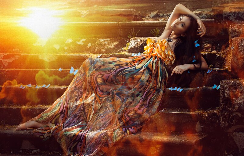 Woman in Colorful Dress — Orange, Dramatic