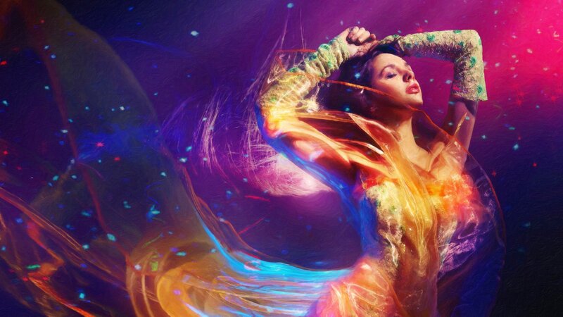 Woman in Colorful Dress — Purple, Dramatic, Night