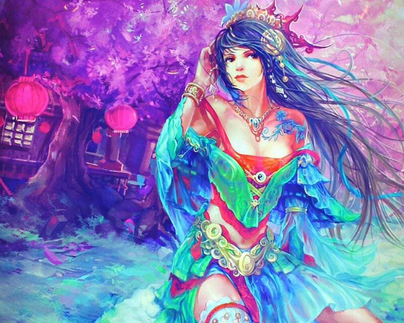 Woman in Colorful Dress — Purple, Dramatic, Spring, Digital Art