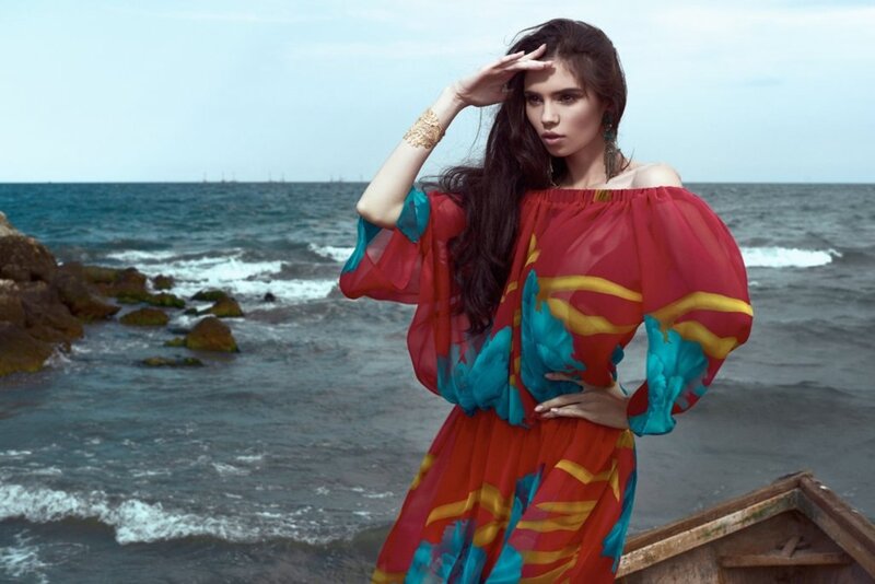 Woman in Colorful Dress — Red, Dramatic, Afternoon