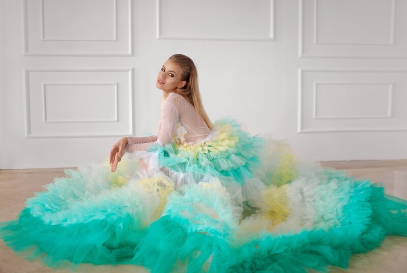 Woman in Colorful Dress — Teal, Serene