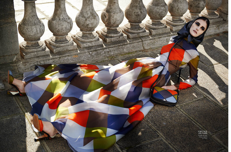 Woman in Colorful Dress — White, Dramatic