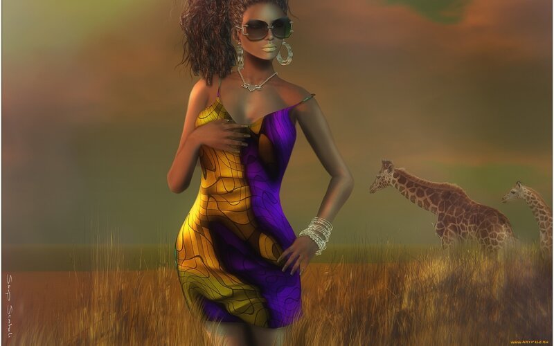 woman in colorful dress with giraffes