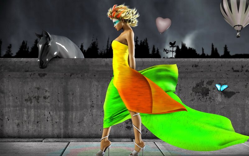 Woman in Colorful Dress — Yellow, Dramatic, Night