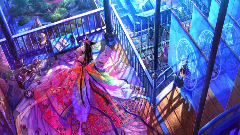 Woman in Colorful Kimono — Blue, Serene, Night