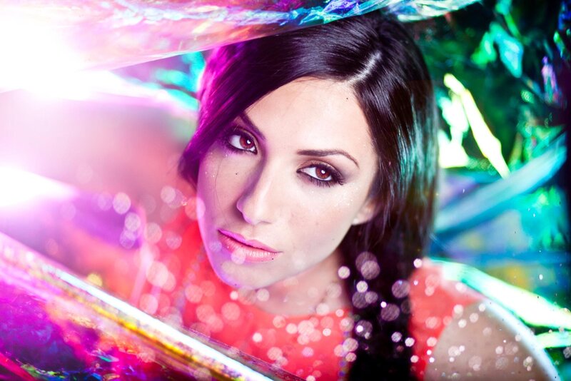 woman in colorful lights