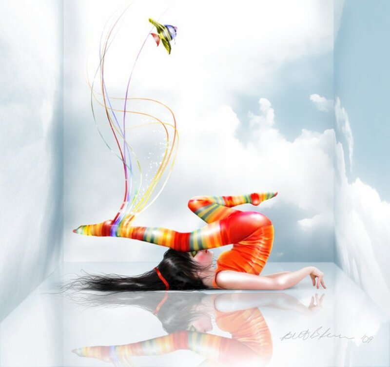 woman in colorful pose with kite