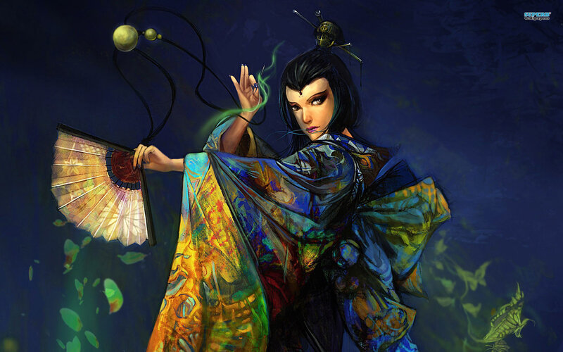 Woman in Colorful Robe — Blue, Dramatic, Night