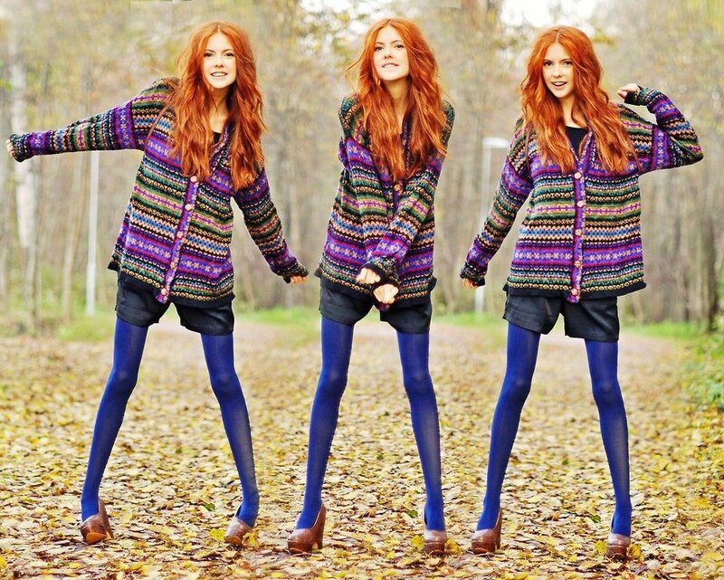 Woman in colorful sweater