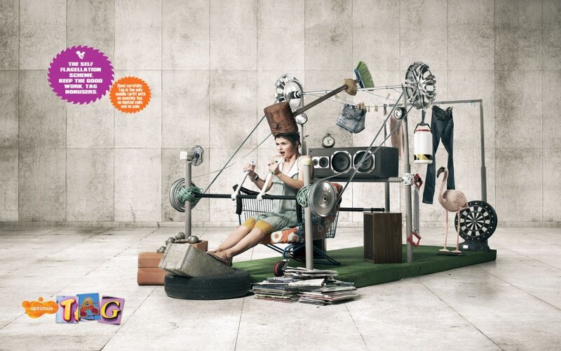 woman in complex contraption