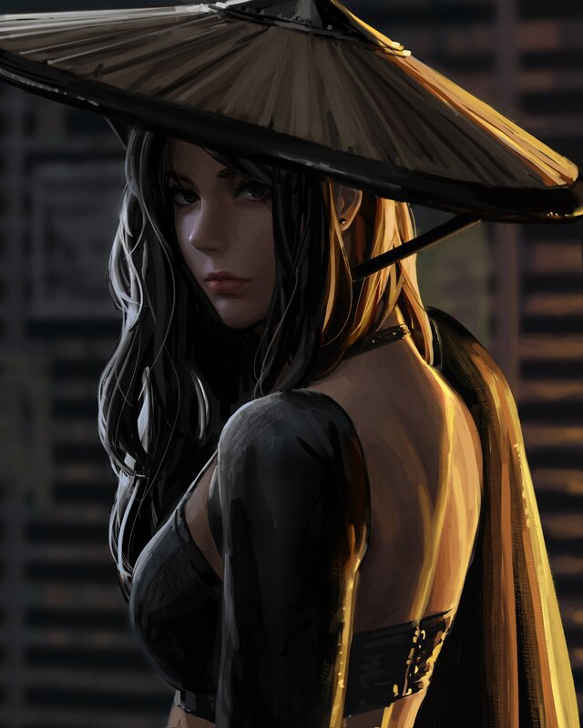 Woman in Conical Hat — Black, Dramatic, Night