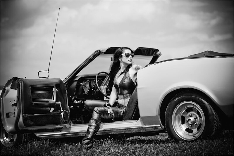Woman in Convertible Car — Black, Dramatic, Photograph, Sunglasses