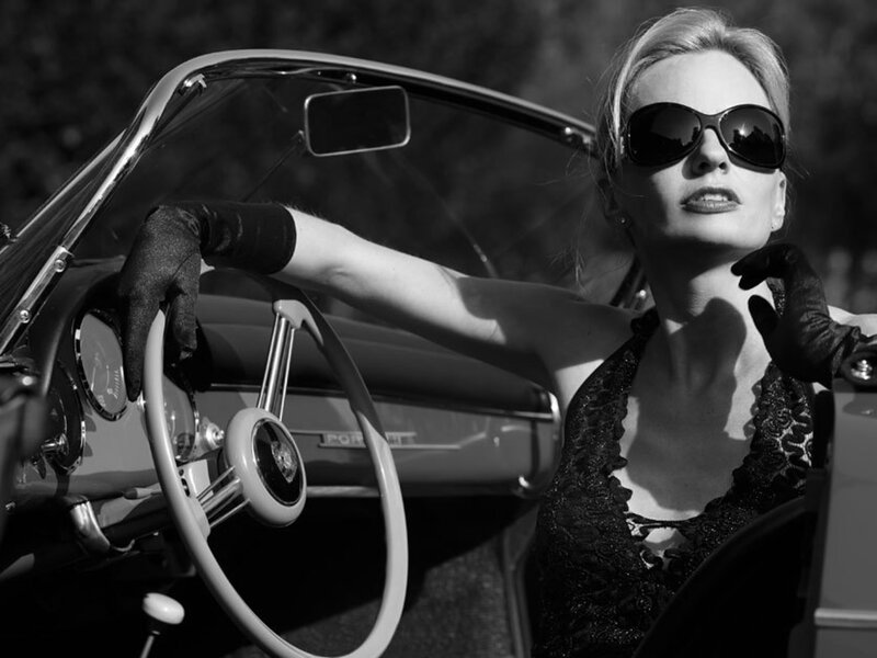 Woman in Convertible Car — Black, Dramatic