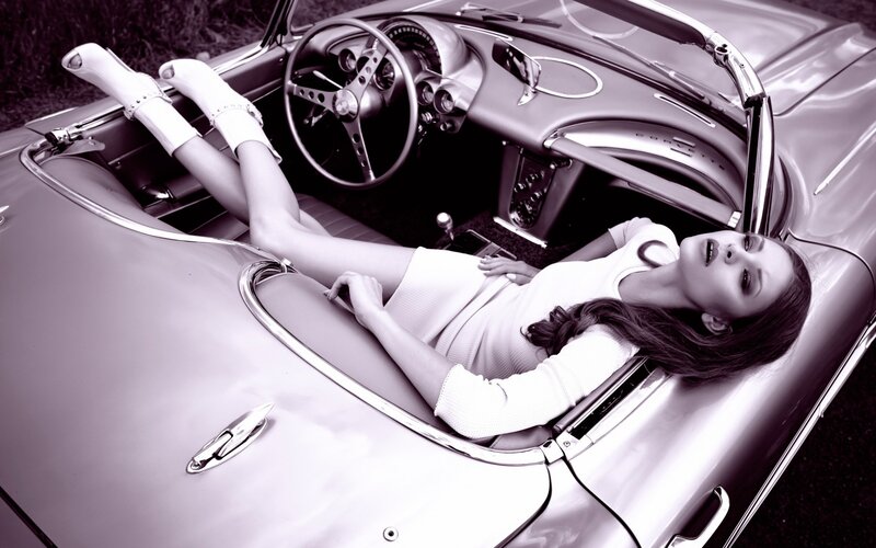 Woman in Convertible Car — Gray, Dramatic