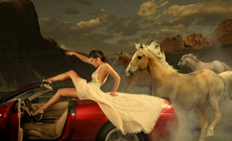 Woman in Convertible Car — Red, Dramatic