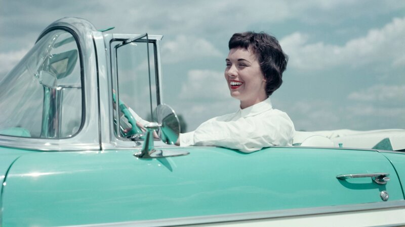 Woman in Convertible Car — Teal, Bright