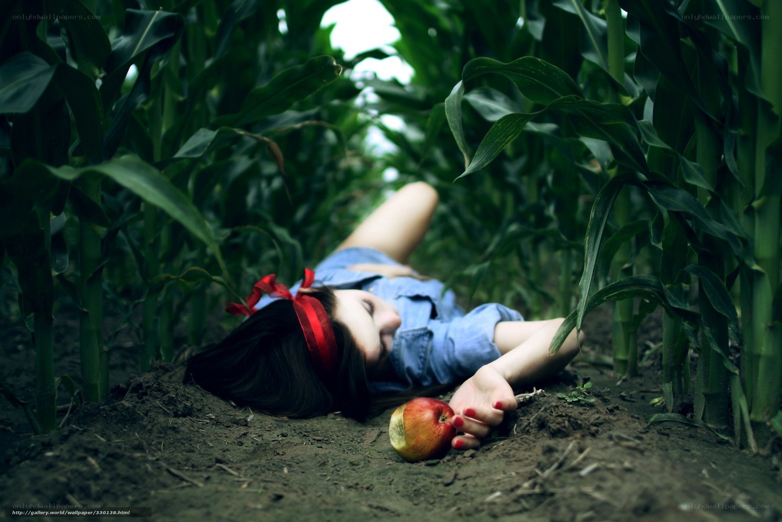 woman in cornfield with apple