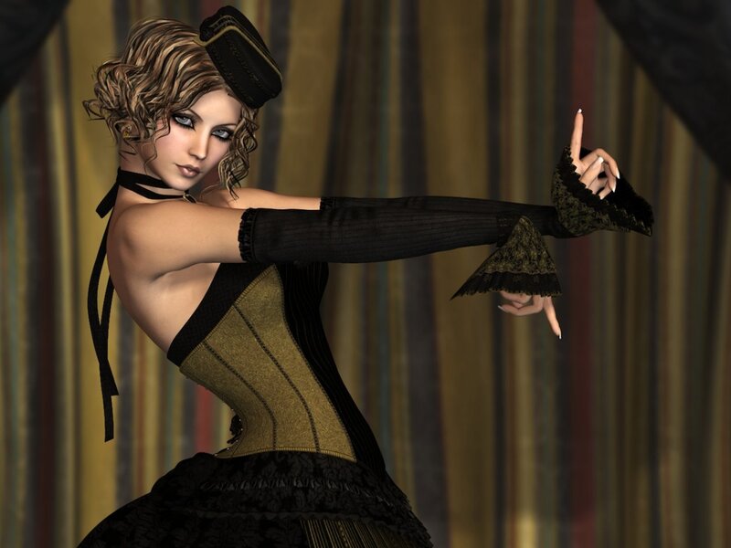 Woman in Corset and Hat — Black, Dramatic, 3d Render