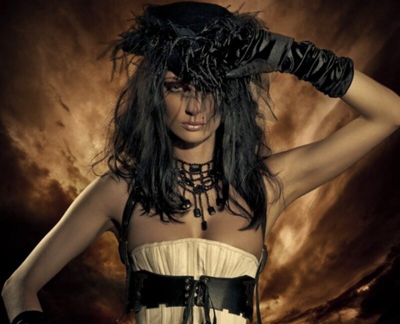 Woman in Corset and Hat — Black, Dramatic