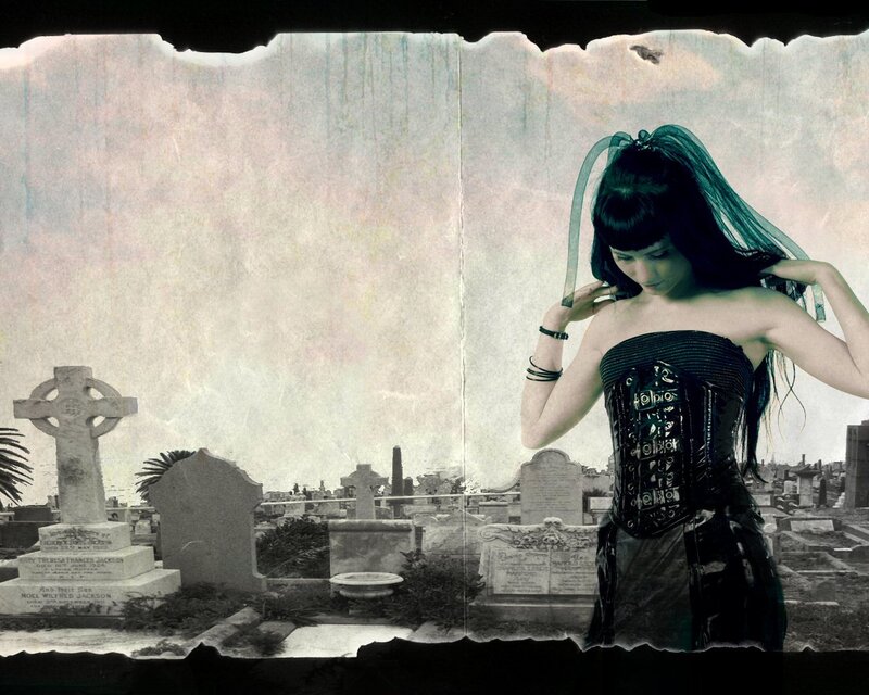 woman in corset at cemetery